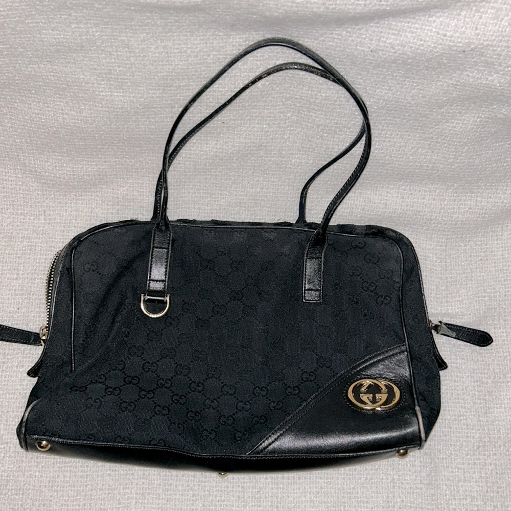 Gucci Britt Interlocking Sherry GG Canvas Leather Tote Bag